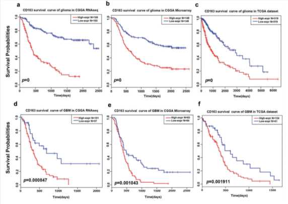 Survival analysis of CD163 in whole grade glioma and glioblastoma. (Liu, et al., 2019)